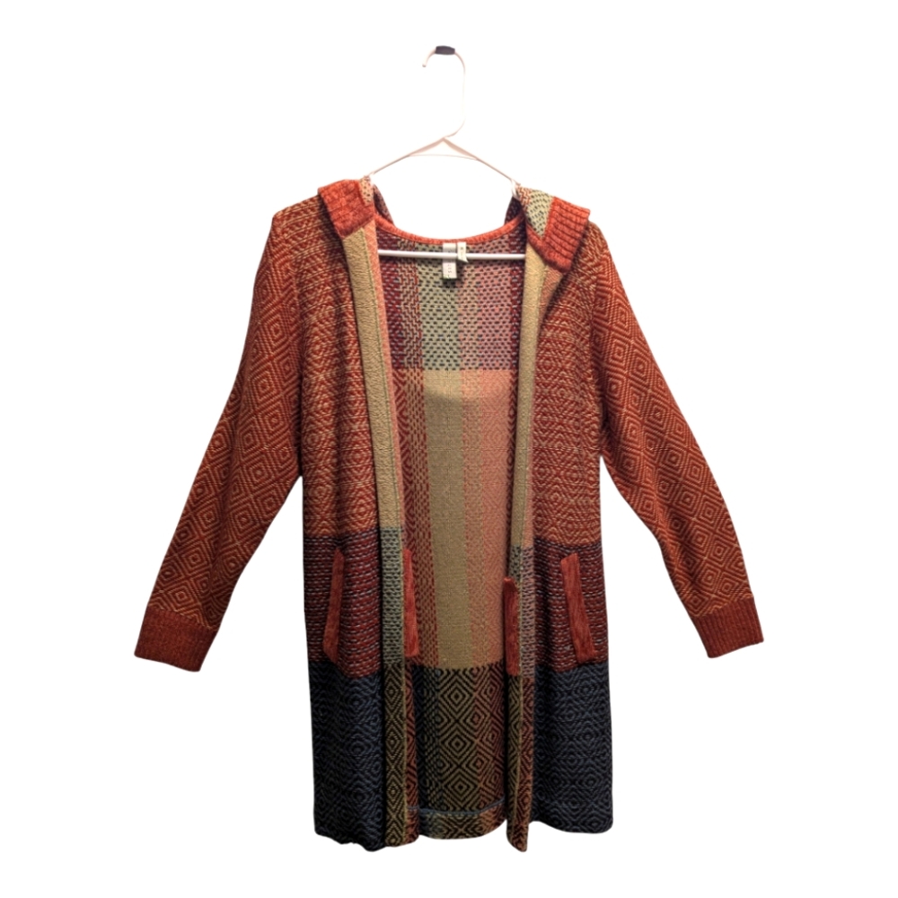 Geometric Patterned Knit Hooded Cardigan - Medium